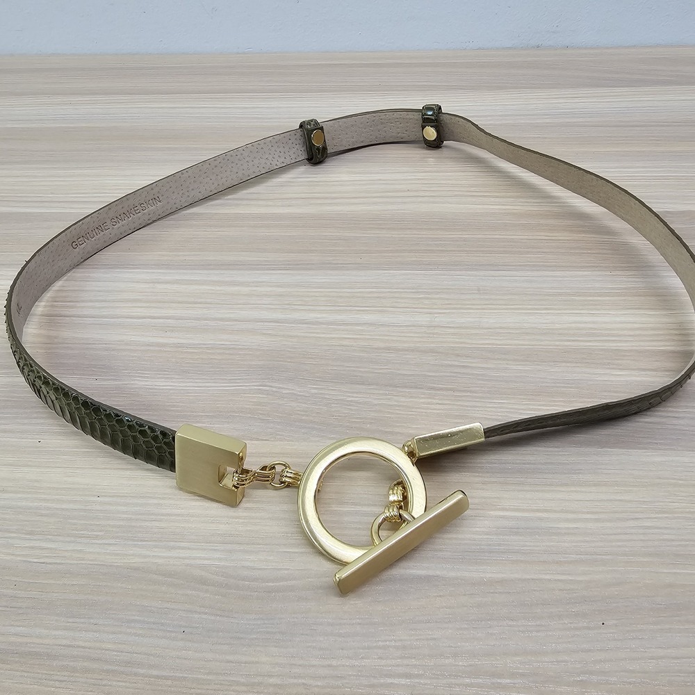 Snakeskin Belt Womens M Green Genuine Leather Gold Toggle Skinny Slim Quiet Luxe